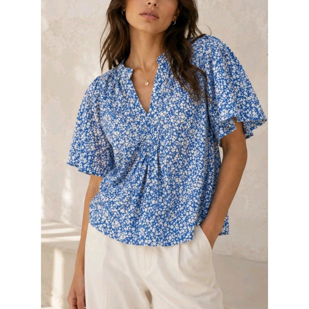 Tuckernuck x Cameran Flutter Sleeve Blouse Blue Floral Cotton Cottagecore  XL